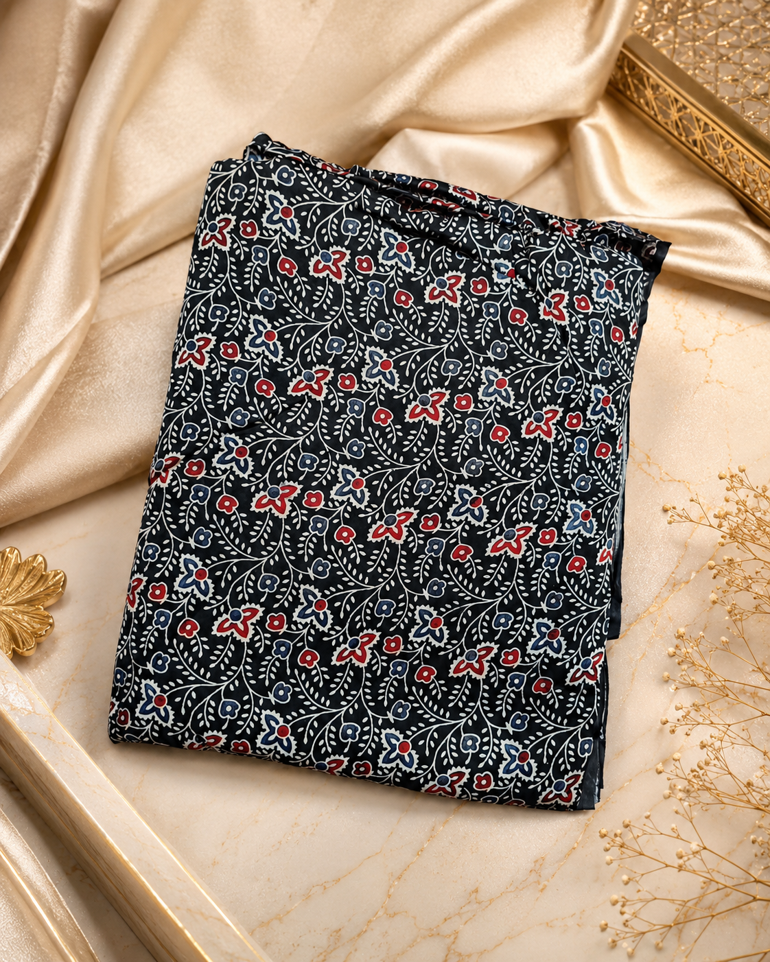 Ajrakh Hand Block Printed Modal Silk Running Fabric