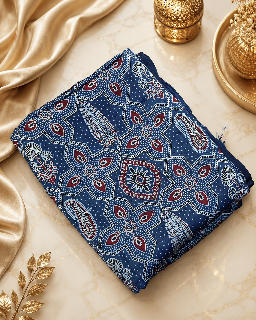 Ajrakh Hand Block Printed Modal Silk Running Fabric