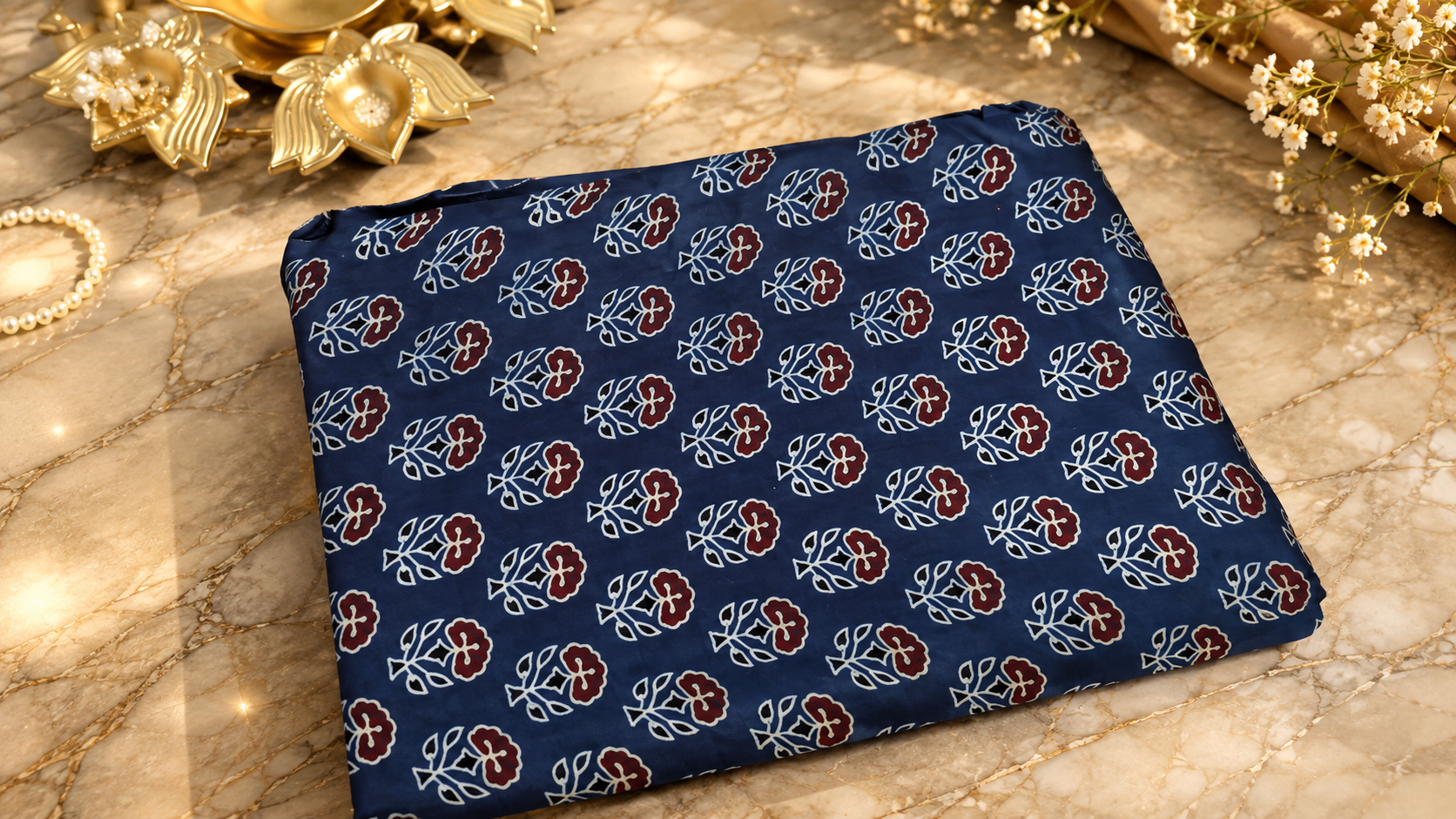 Ajrakh Hand Block Printed Modal Silk Running Fabric