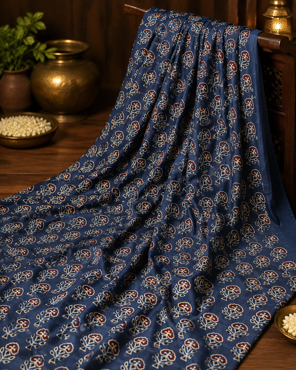 Ajrakh Hand Block Printed Modal Silk Running Fabric