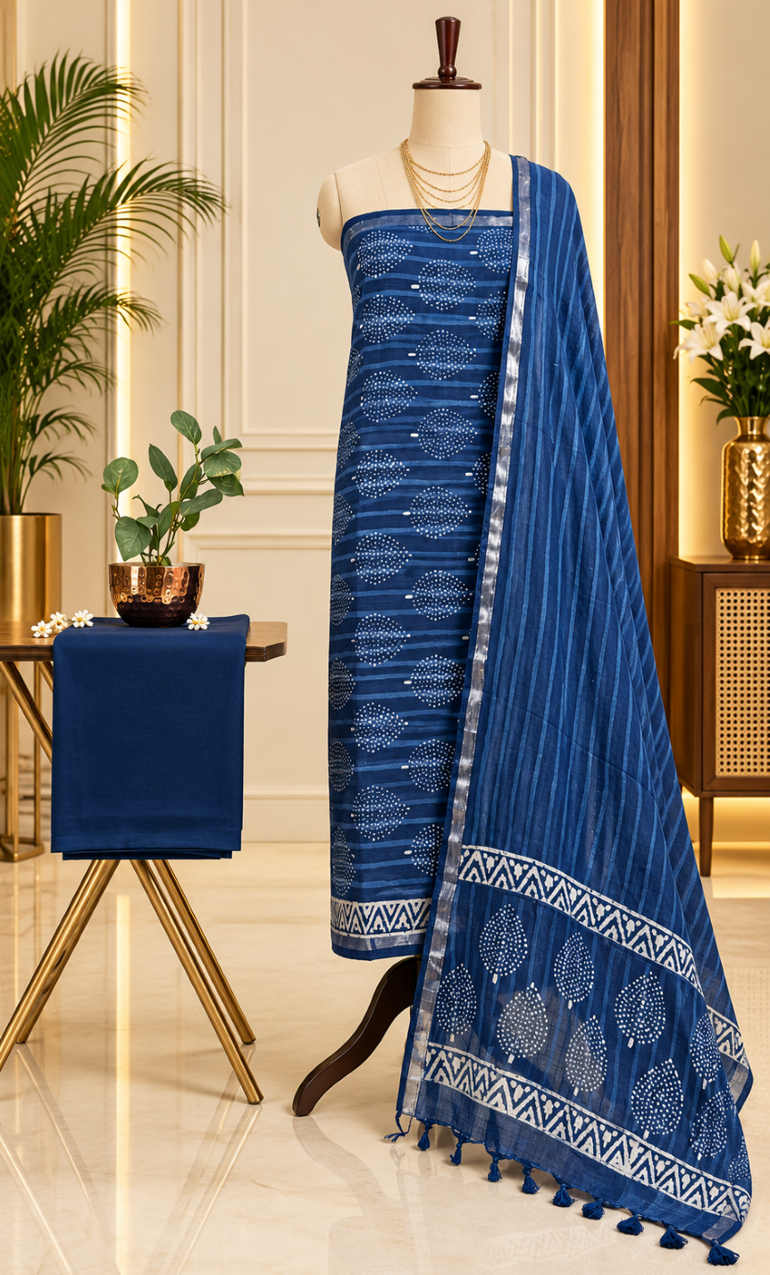 Premium Indigo Hand Block Printed Linen Cotton Full Suit