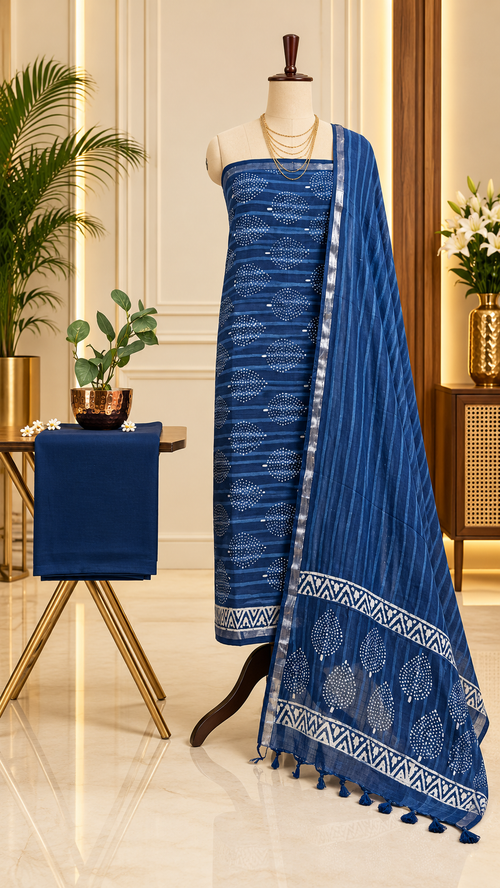 Premium Indigo Hand Block Printed Linen Cotton Full Suit