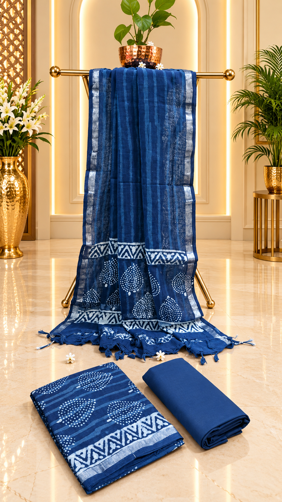 Premium Indigo Hand Block Printed Linen Cotton Full Suit